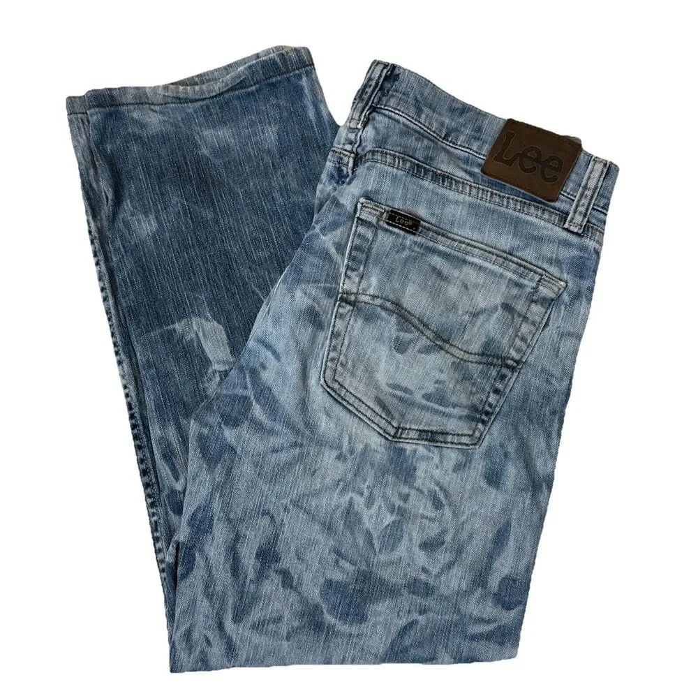 Y2k Lee Mens Regular Straight Fit Jeans 32x30 Blue Acid Wash Denim - Picture 8 of 8